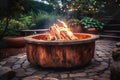 Night bonfire in metal bowl stand flaming sparks and garlands background.
