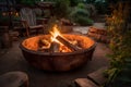 Night bonfire in metal bowl stand flaming sparks and garlands background.