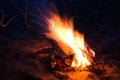 Night bonfire on the sand rolling in sparks Royalty Free Stock Photo