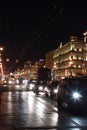 Night bright beautiful city of saint petersburg, car traffic at night in the city center