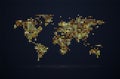 Night bright world map with golden dots and light effects vector illustration. Isolated vivid brilliant mainlands pixel art style