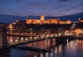 Night Buda Castle and Szechenyi Chain Bridge in Budapest, Hungary. Danube River Royalty Free Stock Photo