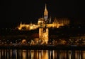 Night Budapest, Fisherman`s Bastion, the reflection of night lights on the water