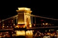 Night Budapest, glowing in gold. The chain bridge over the Danube is illuminated by light bulbs. photo from the river Royalty Free Stock Photo