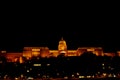 Night Budapest, glowing in gold. An old building illuminated by light bulbs. photo from the river Danube
