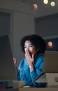 Night, burnout and tired business woman yawning in office with computer and tablet for research. Working late, fatigue Royalty Free Stock Photo