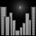 Night business quarter with skyscrapers and the sky and moon in black and white color