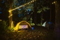 Night in the camp. Tent with lanterns in the forest. Travel and vacation in the wilderness. SUV vehicle