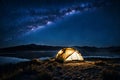 Night camp tent in a starry sky background