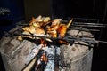 Night campfire roasting chicken wings, rustic outdoor roast