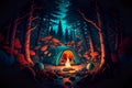 Night camping in the deep forest with a tent with a fire Generative AI Royalty Free Stock Photo