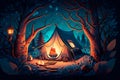 Night camping in the deep forest with a tent with a fire Generative AI Royalty Free Stock Photo