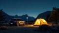 Night camping with electric car and tent under starry sky in mountain landscape Royalty Free Stock Photo