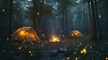 Night camping fireflies forest tents adventure Royalty Free Stock Photo
