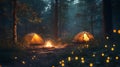 Night camping fireflies forest tents adventure Royalty Free Stock Photo