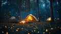 Night camping, fireflies, forest, tents, glowing Royalty Free Stock Photo