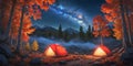 Night camping. Illuminated tent near forest under night sky full of stars and milky way Royalty Free Stock Photo