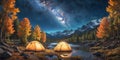 Night camping. Illuminated tent near forest under night sky full of stars and milky way Royalty Free Stock Photo