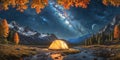 Night camping. Illuminated tent near forest under night sky full of stars and milky way Royalty Free Stock Photo