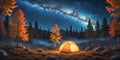 Night camping. Illuminated tent near forest under night sky full of stars and milky way Royalty Free Stock Photo