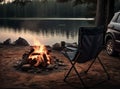 Night camping near bright fire in spruce forest under starry magical sky. Tourism, camping concept. Royalty Free Stock Photo