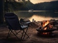 Night camping near bright fire in spruce forest under starry magical sky. Tourism, camping concept.