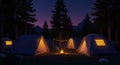 Night Camping Scene with Tents, Campfire, and String Lights in a Forest Royalty Free Stock Photo