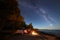 Woman having a rest at night camping near tourist tent, campfire on sea shore under starry sky