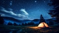 night camping under a starry sky with a glowing tent and mountains.outdoor adventure