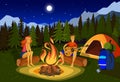 Night camping vector illustration, cartoon flat happy couple campers people sitting at campfire together, singing song Royalty Free Stock Photo