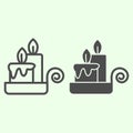 Night candle line and solid icon. Two Burning Candles on candlestick outline style pictogram on white background