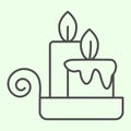 Night candle thin line icon. Two Burning Candles on candlestick outline style pictogram on white background. Halloween