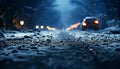 Night car driving in dark rain, wet asphalt generated by AI Royalty Free Stock Photo