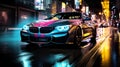 Night car driving downtown colorful on city streets , like colorful flashes, flash light , Generate AI