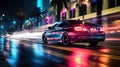 Night car driving downtown colorful on city streets , like colorful flashes, flash light , Generate AI