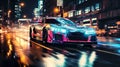 Night car driving downtown colorful on city streets , like colorful flashes, flash light , Generate AI