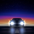 Night car with headlights against the background of a colorful starry sky, the silhouette of car with bright xenon led headlights