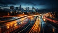 Night car traffic in cityscape, speed, dusk motion, architecture blur generated by AI Royalty Free Stock Photo