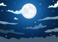 Night cartoon sky with clouds, full moon, moonlight and stars vector background design.