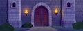 Night castle entrance. Entry dungeon prison abandoned temple, gothic ancient castles stone wall with burning torch fire