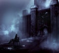 Fantasy horror night castle artwork. Royalty Free Stock Photo