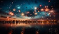 Night celebration dusk backgrounds, water illuminated blue, multi colored cityscape sunset generated by AI