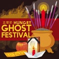 Night Celebration of Hungry Ghost Festival with Traditional Offerings, Vector Illustration Royalty Free Stock Photo