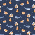 Night childish seamless pattern with cute animals. Blue whale, red fox on a pillow, sable on balloons.