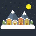 Night Christmas background with flat design have village tree Christmas and mountain . Landscape winter.