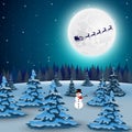 Night christmas forest landscape. Santa Claus flies reindeer Royalty Free Stock Photo