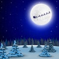 Night christmas forest landscape. Santa Claus flies reindeer in Royalty Free Stock Photo