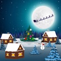 Night christmas forest landscape. Santa Claus flies reindeer Royalty Free Stock Photo