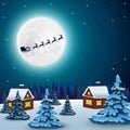 Night christmas forest landscape. Santa Claus flies reindeer in Royalty Free Stock Photo