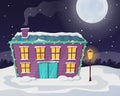 Night Christmas winter landscape with moon and snowfall. A cozy house with light in the windows, littered with snow and Royalty Free Stock Photo